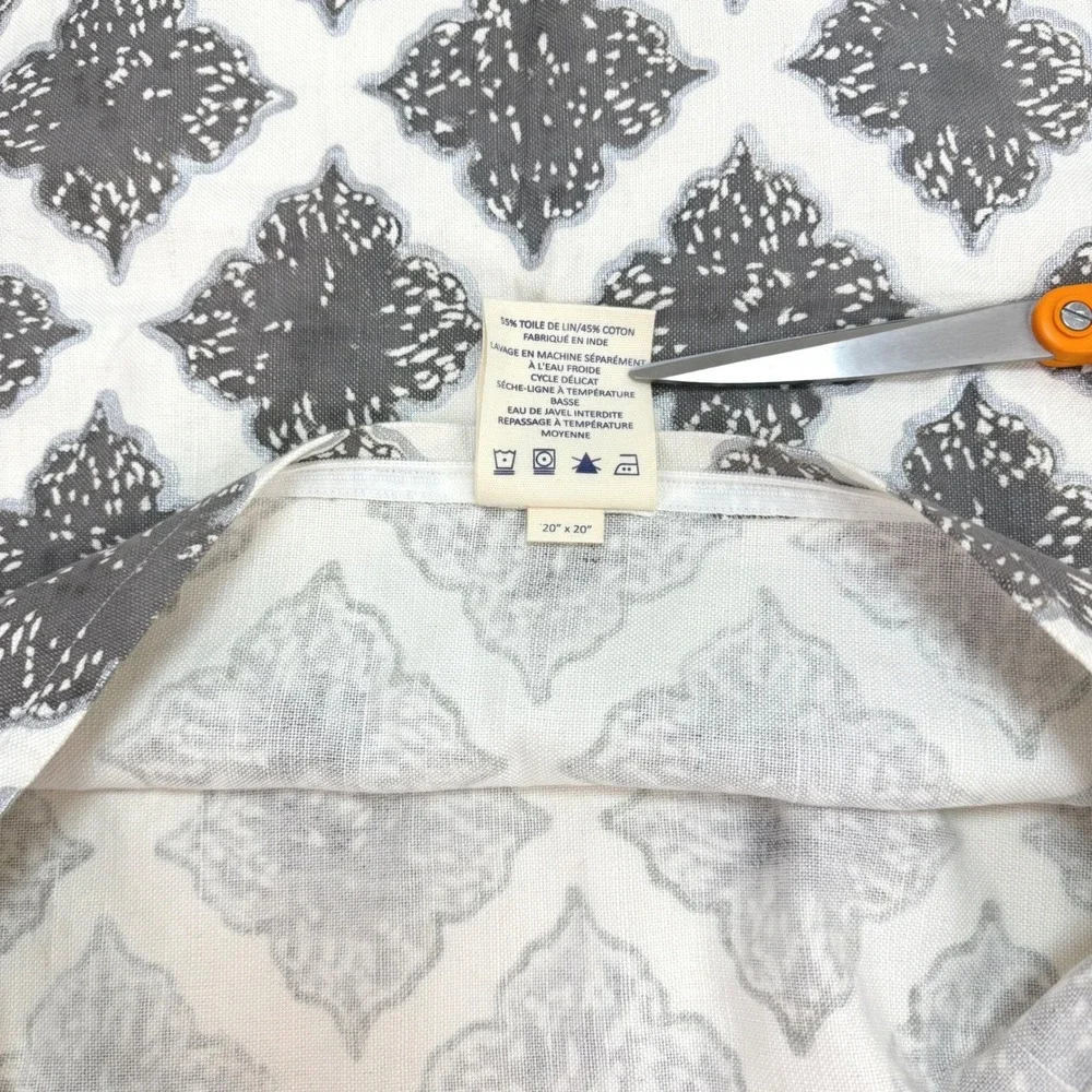 John Robshaw Linen Blend Pillow Sham 20x20 Grey Silver Metallic Block Print Zip